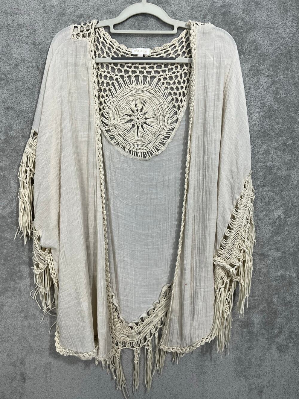 Everleigh Drape Cardigan Poncho 2X Cream Crochet Fringe Boho Hippie Festival